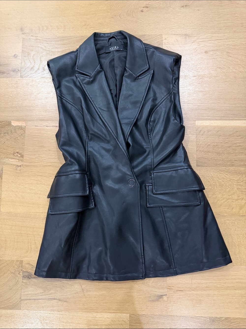 AKIRA Black Faux Leather Sleeveless Blazer Vest with Flap Pockets
